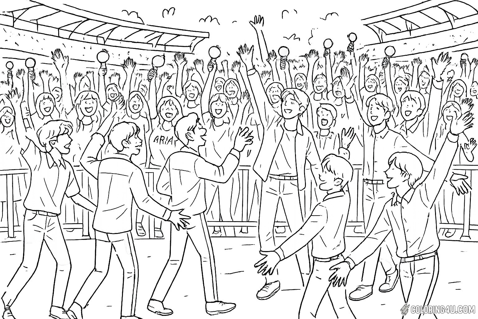 In this lively coloring page, a vibrant crowd of enthusiastic fans fills a concert stadium, waving their light sticks high in the air. The excitement is palpable as the members of BTS interact with their adoring audience, sharing smiles and energy. Capture the joy of this unforgettable moment as you bring the scene to life with your favorite colors!