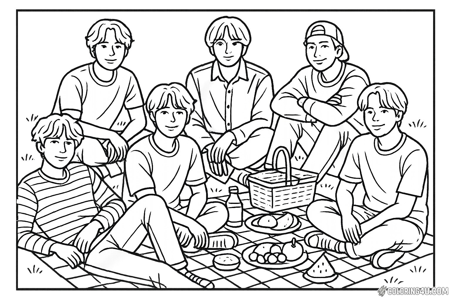 Join the fun with this lively picnic scene featuring six friends enjoying a sunny day outdoors. They sit on a checkered blanket surrounded by delicious snacks like fruits and drinks, with a picnic basket nearby. The relaxed atmosphere invites creativity as you add vibrant colors to their casual outfits and the cheerful setting, perfect for a delightful coloring experience!
