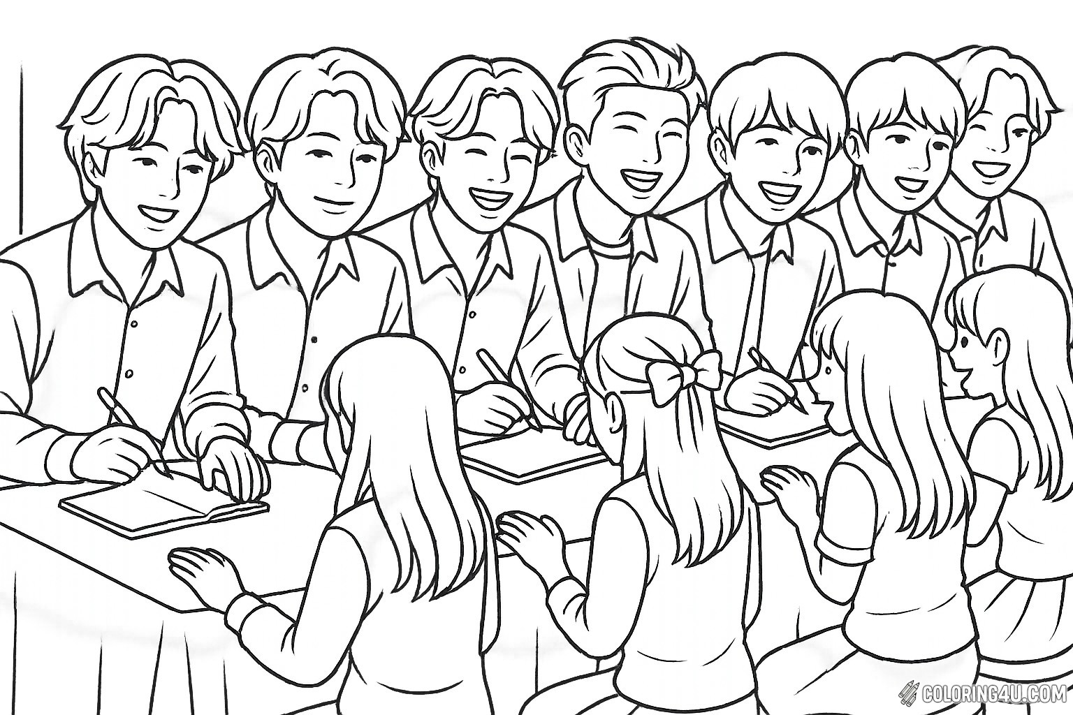 In this lively scene, a group of excited fans eagerly awaits their turn at a fan meeting with their favorite band, BTS. The members, all smiles, are seated at a table, signing autographs and sharing joyful moments with their fans. Children and teens, filled with anticipation, lean forward, ready to cherish this unforgettable experience.