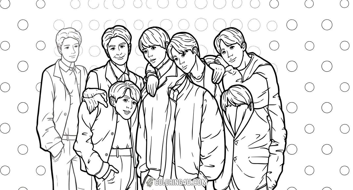 This coloring page features a detailed and lively illustration of the seven members of BTS standing close together with a fun polka dot background. Kids can enjoy bringing this cheerful group scene to life with their favorite colors, focusing on each member's unique outfit and style.