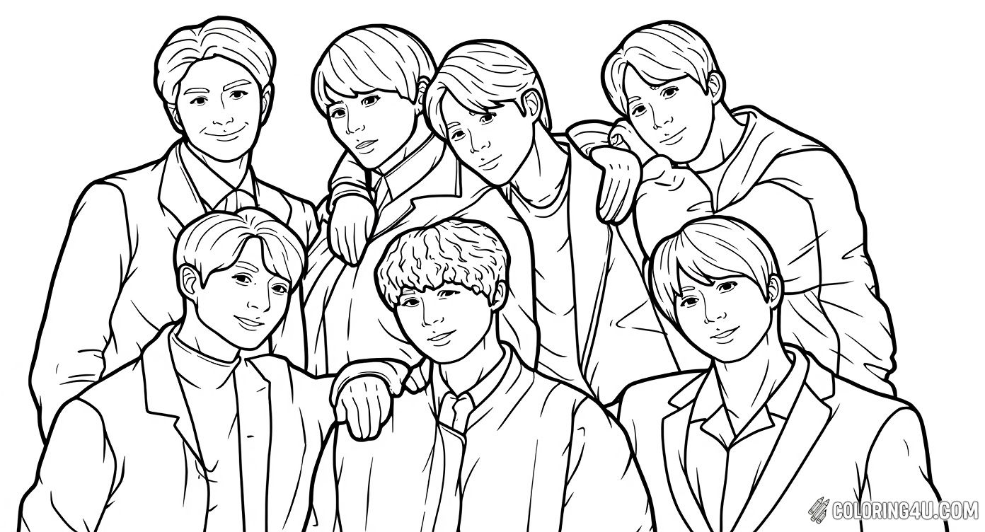 This fun coloring page features all seven members of the popular K-pop group BTS standing together in stylish outfits. Kids can enjoy adding vibrant colors to each member while imagining their favorite music and dance moves!