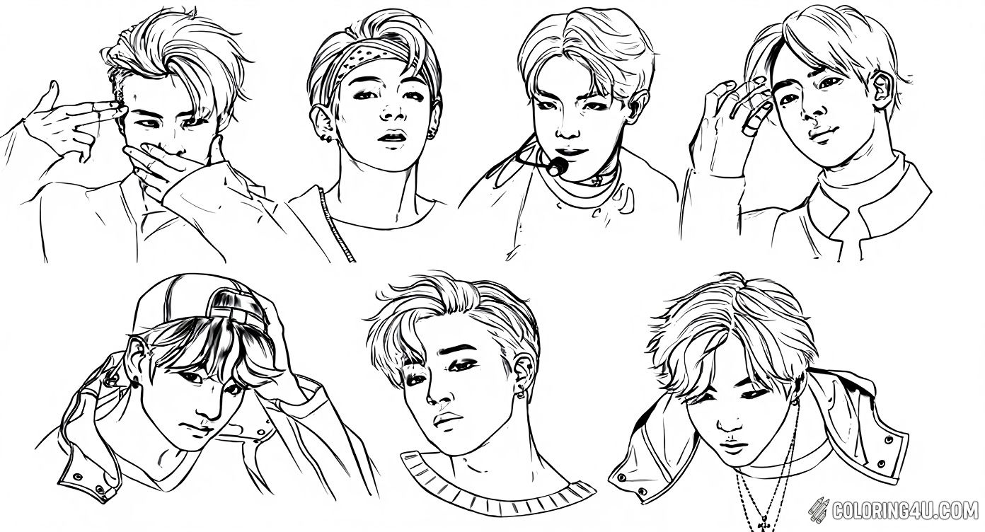 This detailed coloring page shows close-up portraits of each BTS member, highlighting their unique hairstyles and expressions. Kids can have fun coloring each face and maybe even create their own stylish designs inspired by BTS's iconic looks!