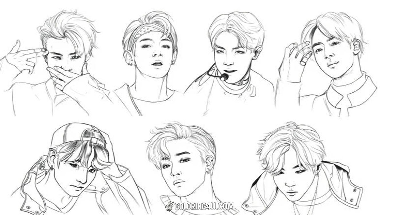This artistic coloring page showcases individual head sketches of all seven BTS members, each capturing their different expressions and hairstyles. Perfect for kids who love detailed portraits, this page invites them to experiment with colors and shading to bring these iconic faces to life.