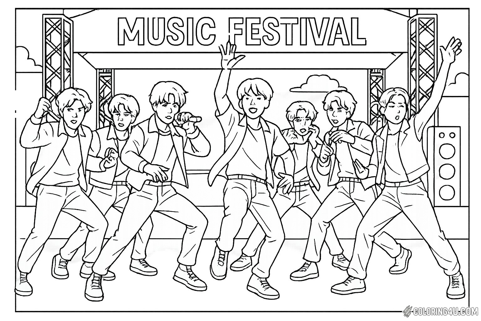 Join the excitement of a vibrant music festival with this lively coloring page featuring a dynamic performance. Seven energetic figures are captured mid-dance, showcasing their moves on stage with a backdrop that reads 'MUSIC FESTIVAL.' Let your creativity shine as you bring these performers to life with your favorite colors!