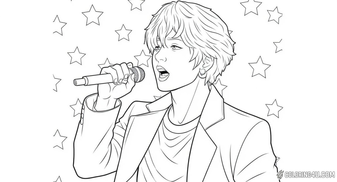 Get ready to color a dynamic image of a BTS singer performing on stage, complete with a microphone headset and starry background. This page is perfect for kids who love music and want to bring the energy of a BTS concert to life with their colors!