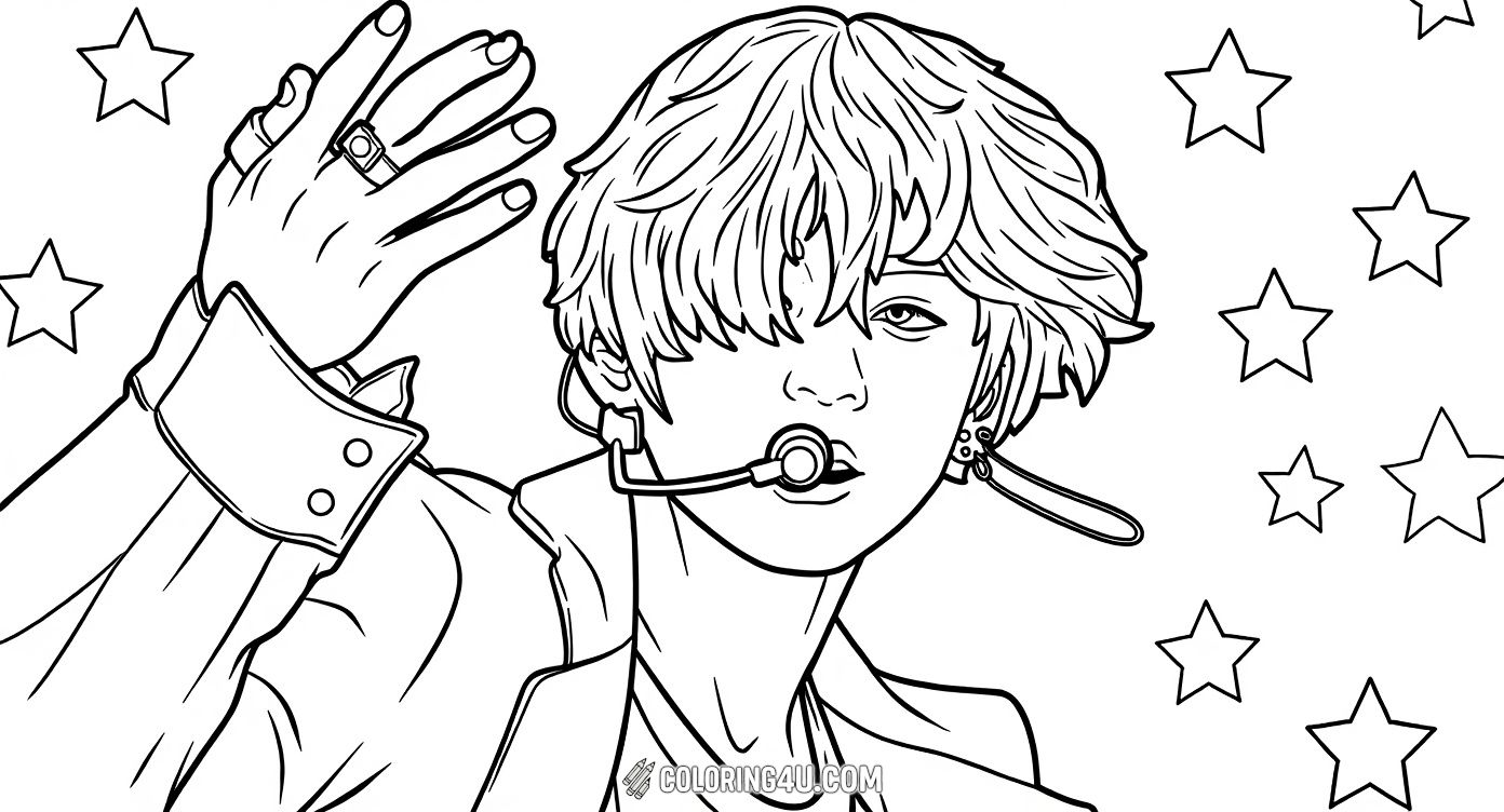 Here is a dynamic coloring page focused on one BTS member performing with style and flair, wearing a fashionable jacket and headset microphone. The background is filled with stars, adding to the exciting concert vibe. Kids can have fun coloring this energetic scene and imagining the music.