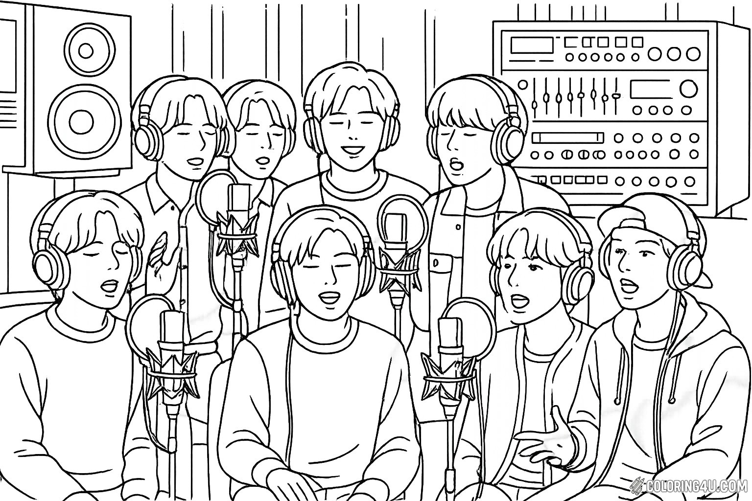 Join the excitement of a studio recording session with this lively coloring page featuring a group of talented singers surrounded by microphones and sound equipment. Each character is wearing headphones and passionately singing together, capturing the joy of music creation. Bring this vibrant scene to life with your favorite colors!