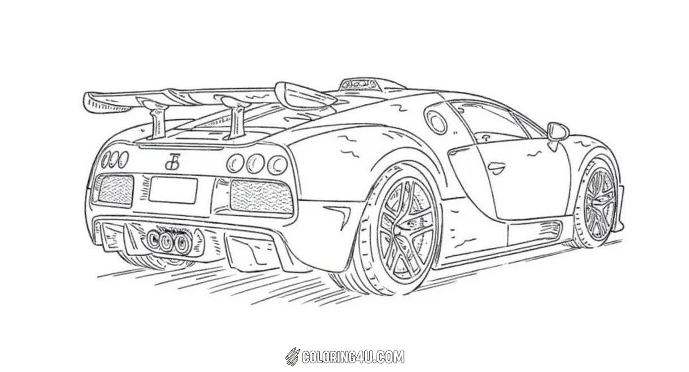Experience the thrill of the Bugatti Bolide Speed Monster from a cool rear perspective. This coloring page highlights the aerodynamic design and powerful spoiler of the race car, perfect for kids who love fast cars and want to make this high-performance machine come alive with their imagination.