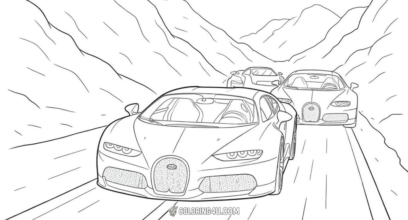 Get ready for an exciting coloring adventure with this dynamic scene featuring three Bugatti sports cars racing along a winding mountain road. Kids can bring speed and style to life as they add vibrant colors to these sleek cars and the rocky landscape surrounding them.