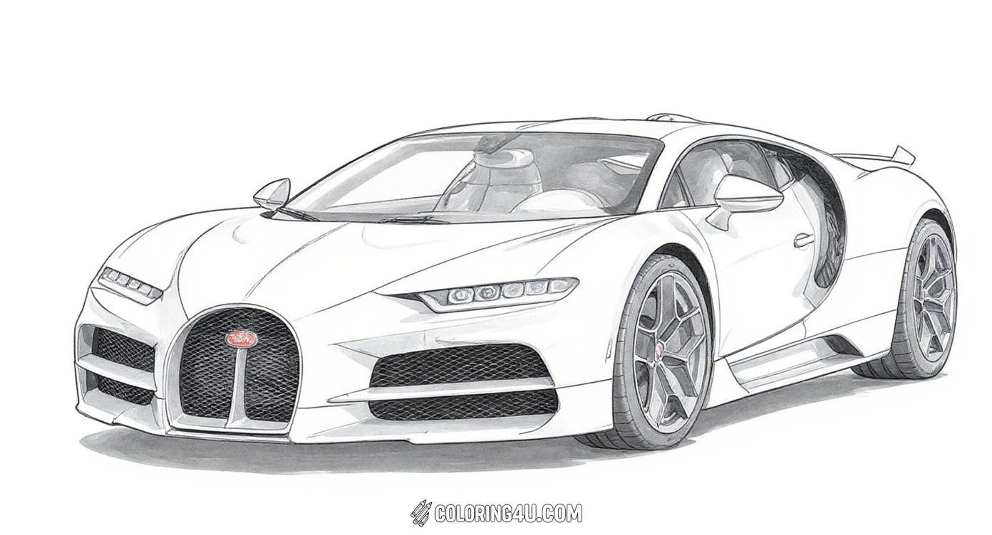 Get ready to bring this sleek Bugatti Tourbillon to life by coloring its shadow and intricate design. This exciting coloring page shows the powerful curves and smooth lines of a luxury sports car, perfect for kids who love fast cars and detailed drawings!
