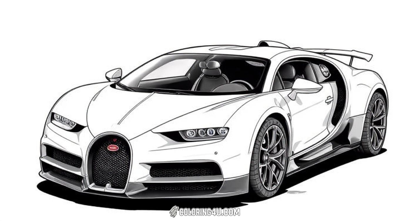 Dive into the world of luxury supercars with this detailed coloring page of a Bugatti Chiron. Kids will love adding their own colors to the elegant front view and the stunning side profile of this iconic high-speed car, set against an intricate urban backdrop that invites creativity.