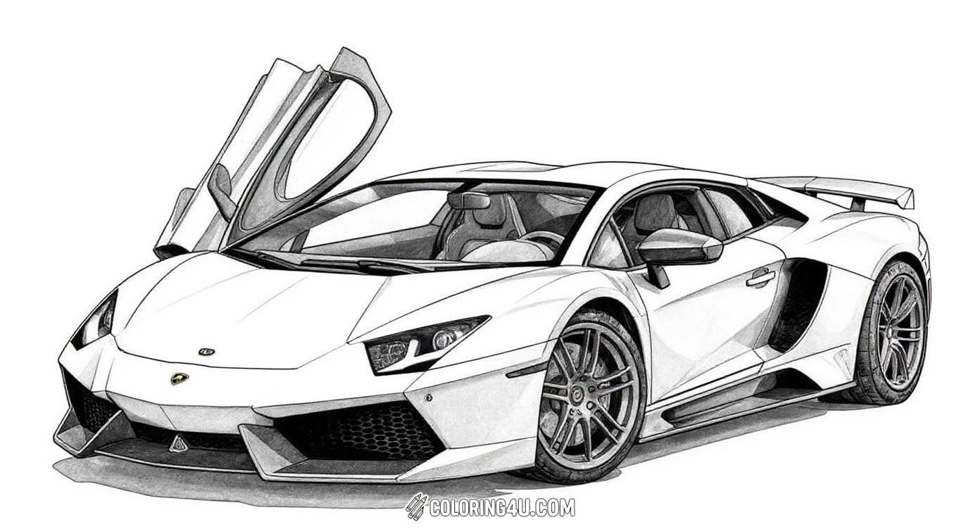 Dive into the world of luxury supercars with this gorgeous Lamborghini Aventador coloring page. The car is shown with its iconic gullwing doors open, inviting kids to color every detail from the sleek body to the shiny wheels, sparking creativity and car enthusiasm.