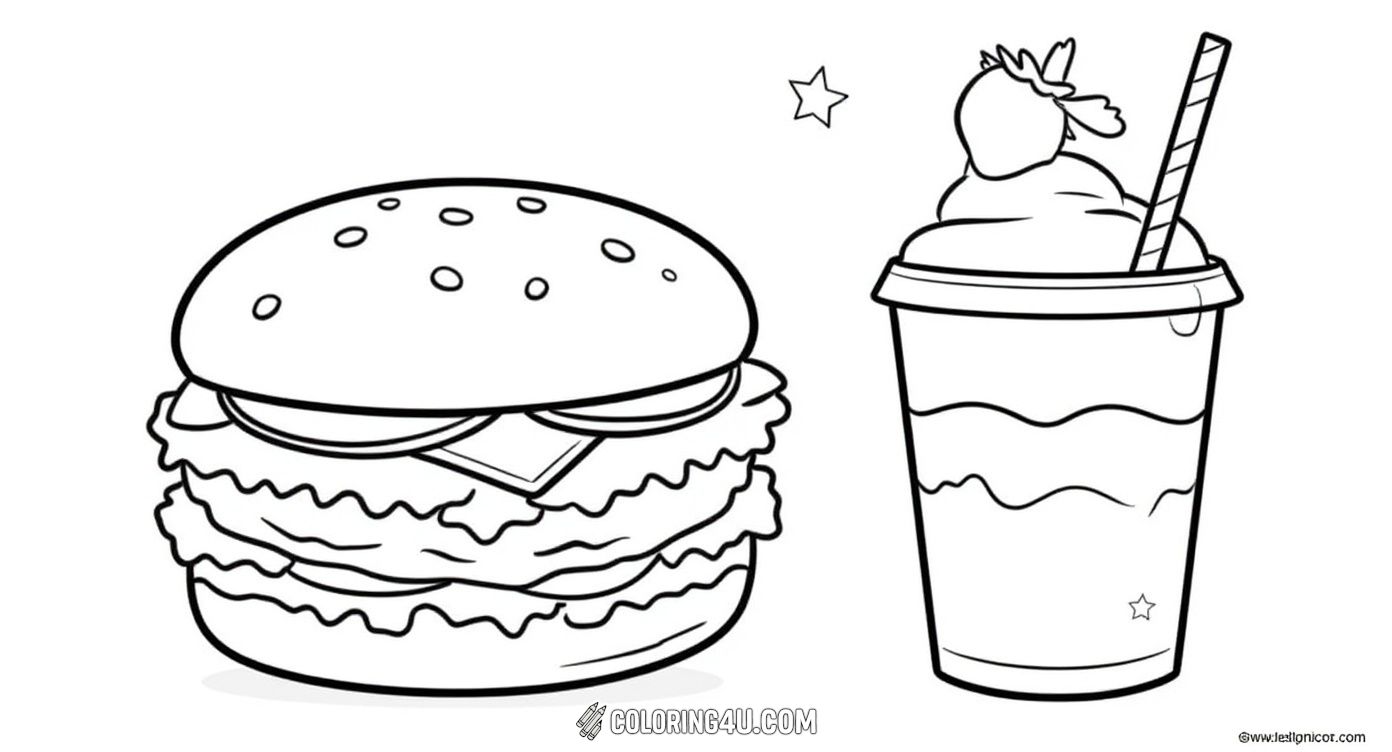 Burger And Milkshake Coloring Page Kids