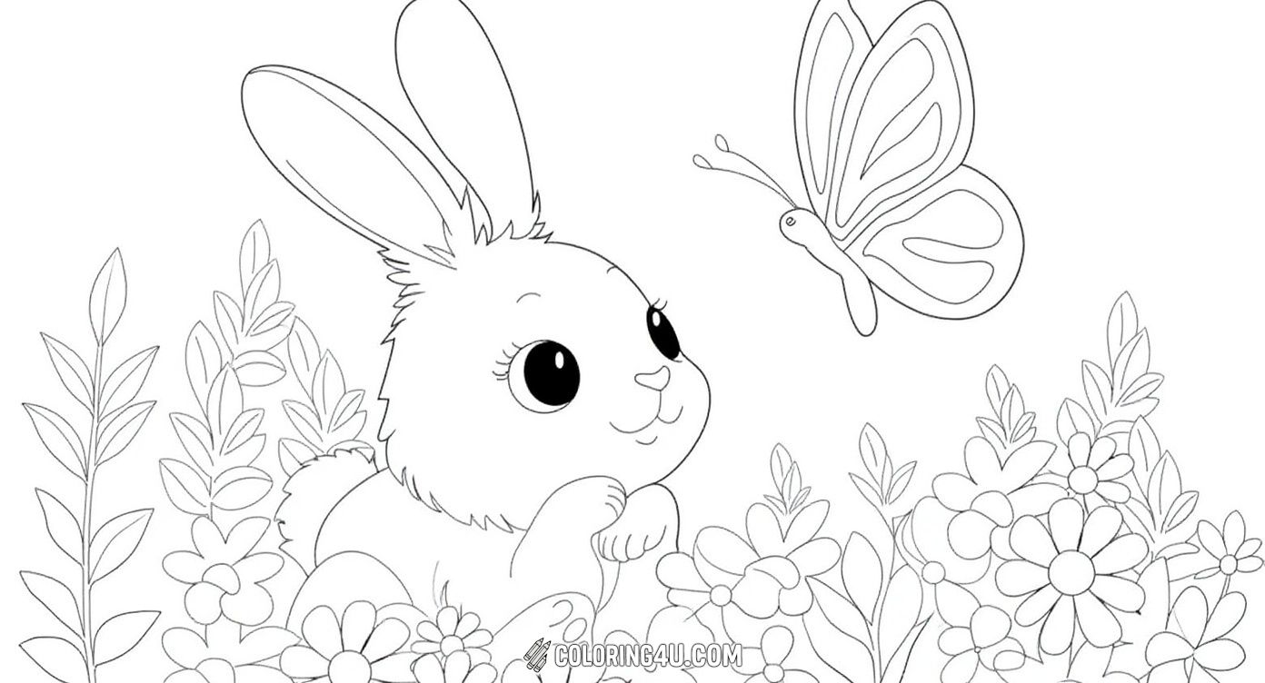 Join the adorable bunny and a graceful butterfly in this sweet coloring page! Surrounded by lush flowers, the bunny looks curiously at the butterfly, making it a heartwarming scene for kids to color. It encourages imagination and provides a fun way to explore nature’s wonders.