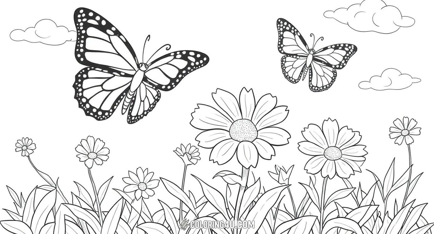 Bring this lively meadow to life with your colors! This coloring sheet showcases several monarch butterflies beautifully detailed with flowers and a bright sky background. Kids will enjoy coloring the intricate butterfly wings and the cheerful floral setting, making an engaging and relaxing activity.