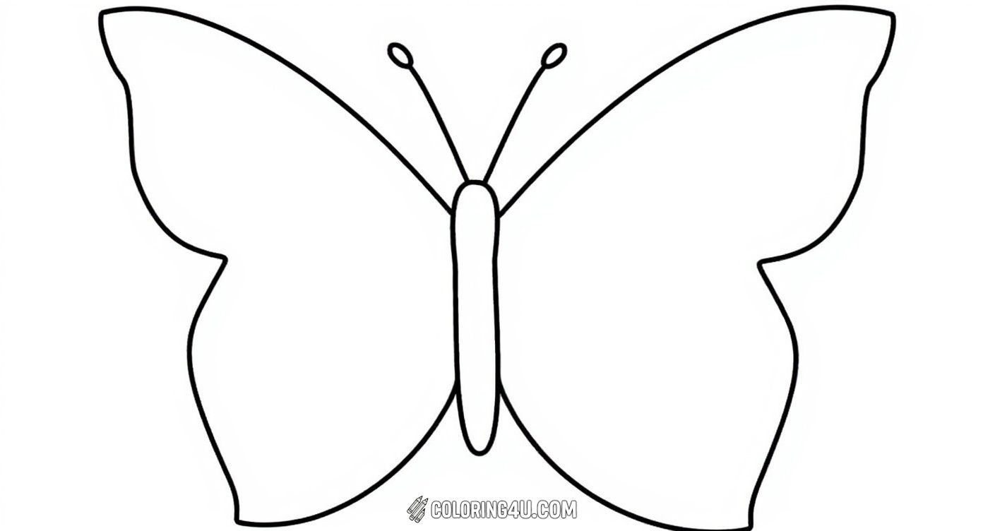 This simple and bold butterfly coloring page features a basic outline perfect for young kids. Its large wings and clear shape invite little artists to choose bright colors and have fun creating their own colorful butterfly masterpiece.