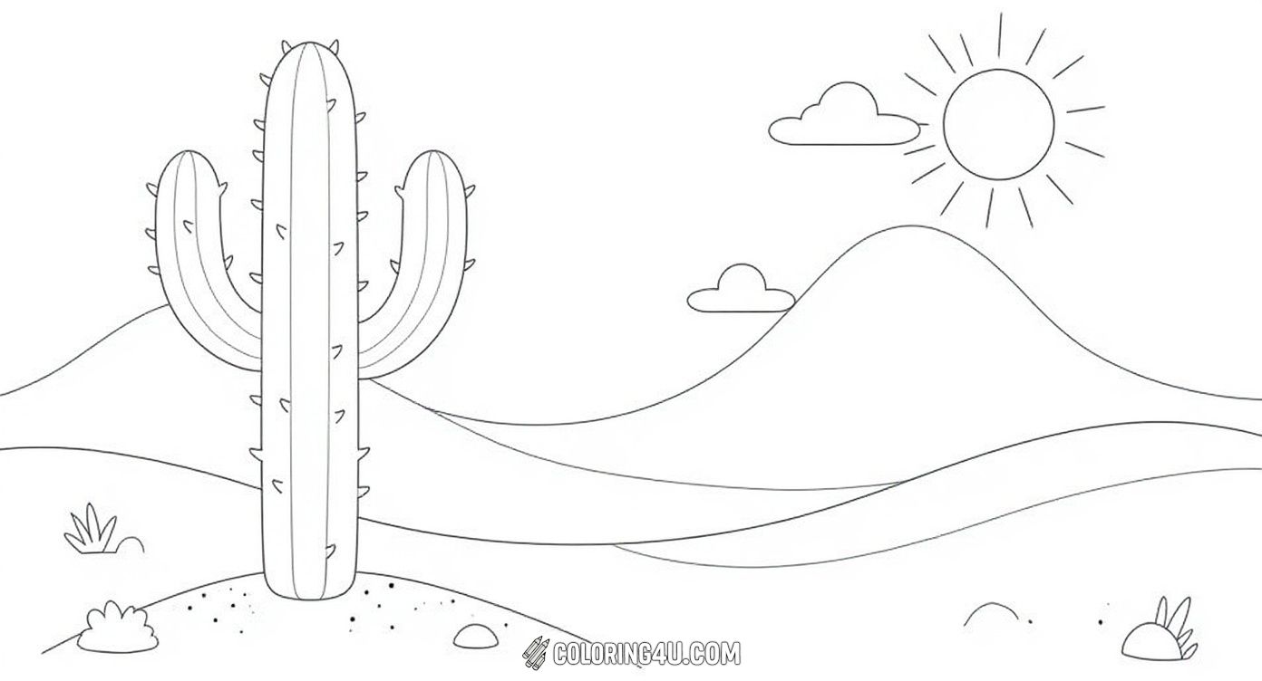 Enjoy a sunny desert scene showcasing tall and round cacti surrounded by rolling hills and a bright sun. Kids can have fun coloring this lively desert landscape filled with nature’s resilient plants.