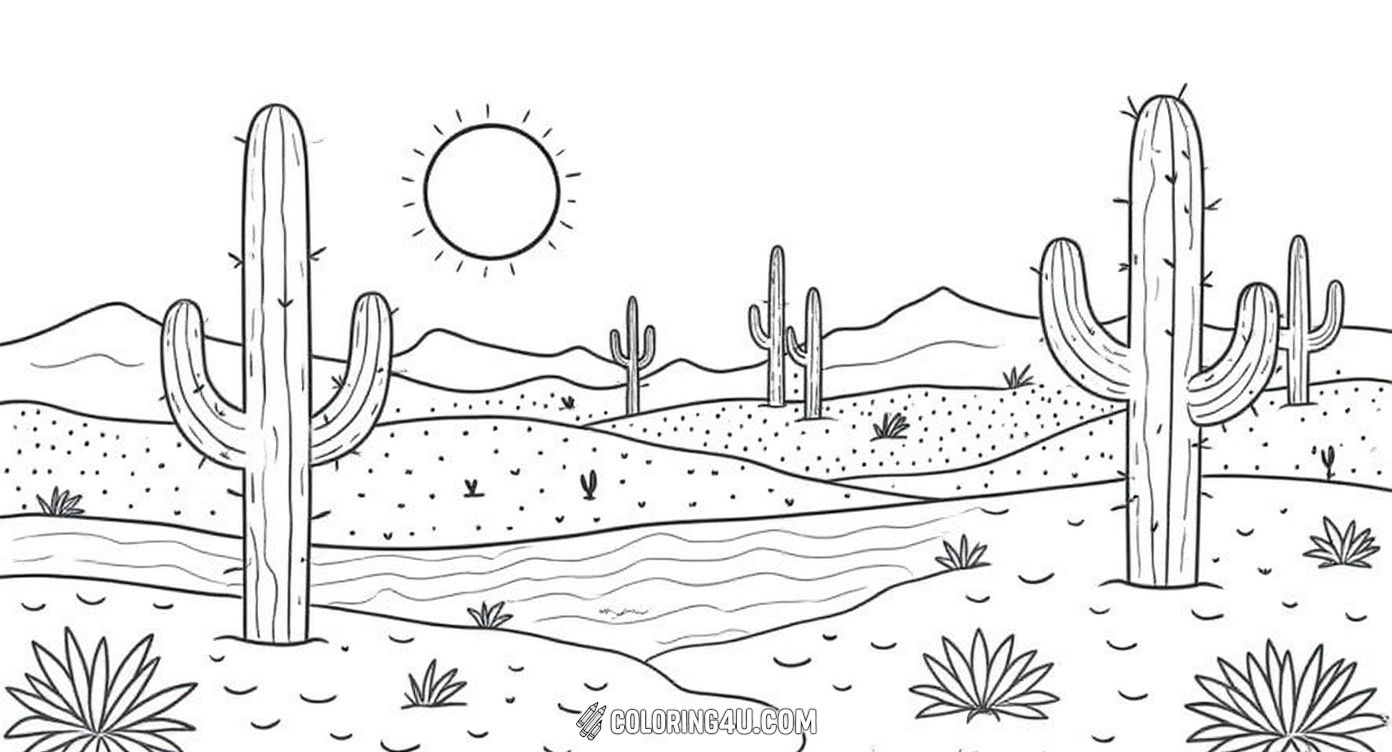 Dive into a peaceful desert scene featuring tall cacti, bushes, a flowing river, and distant rocky mountains under a sky with a bright sun and fluffy clouds. This coloring page invites kids to use their creativity to fill in the desert landscape with vibrant colors and imagine the warmth of a sunny day.