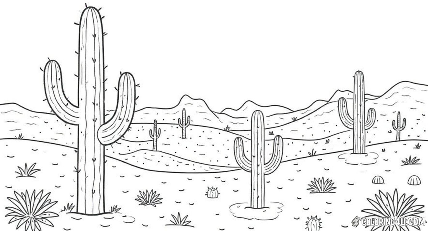Desert Landscape With Cactus And Hills