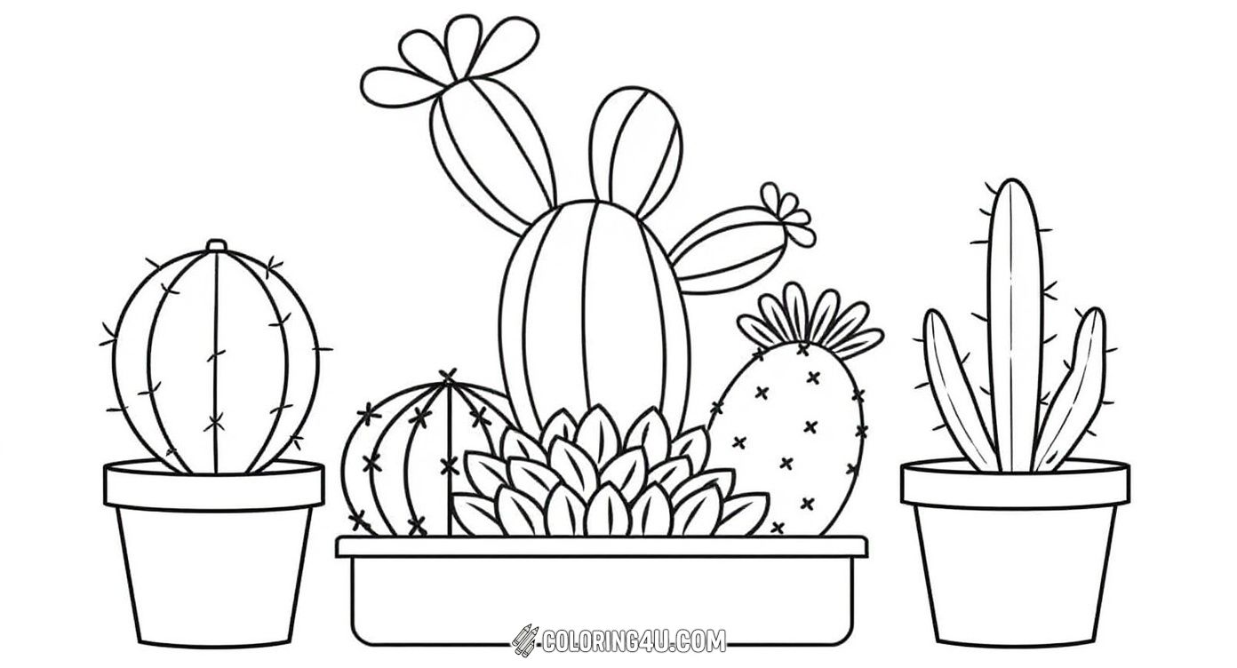 Discover a delightful potted cactus garden featuring different types of cacti and succulents. This coloring page invites kids to bring a charming mix of shapes and textures to life with their favorite colors.