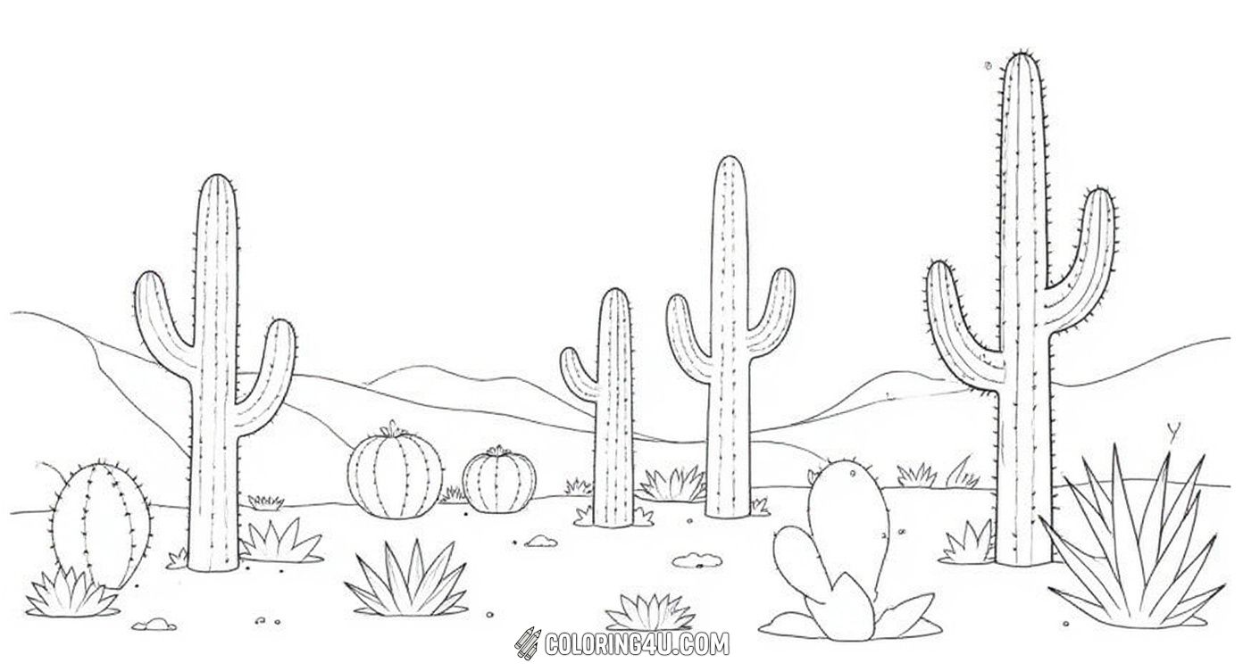 Explore the beauty of desert life with this detailed coloring page showing a variety of cactus plants, including tall saguaro, prickly pear with flowers, and round barrel cactus, surrounded by desert grasses. Perfect for kids who enjoy nature and want to learn about different cactus species while coloring.