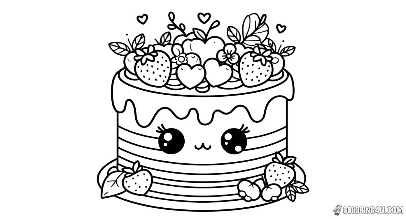 This adorable cake coloring page features a happy kawaii cake decorated with delicious strawberries, apples, hearts, and flowers on top. Kids will love bringing this charming cake to life with bright and cheerful colors!