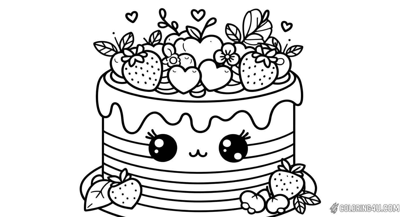 This adorable cake features a cute smiling face with big sparkling eyes, decorated with delicious strawberries, apples, flowers, and little hearts on top. Kids will have fun coloring the drippy frosting and all the tasty fruits while bringing this happy cake to life!