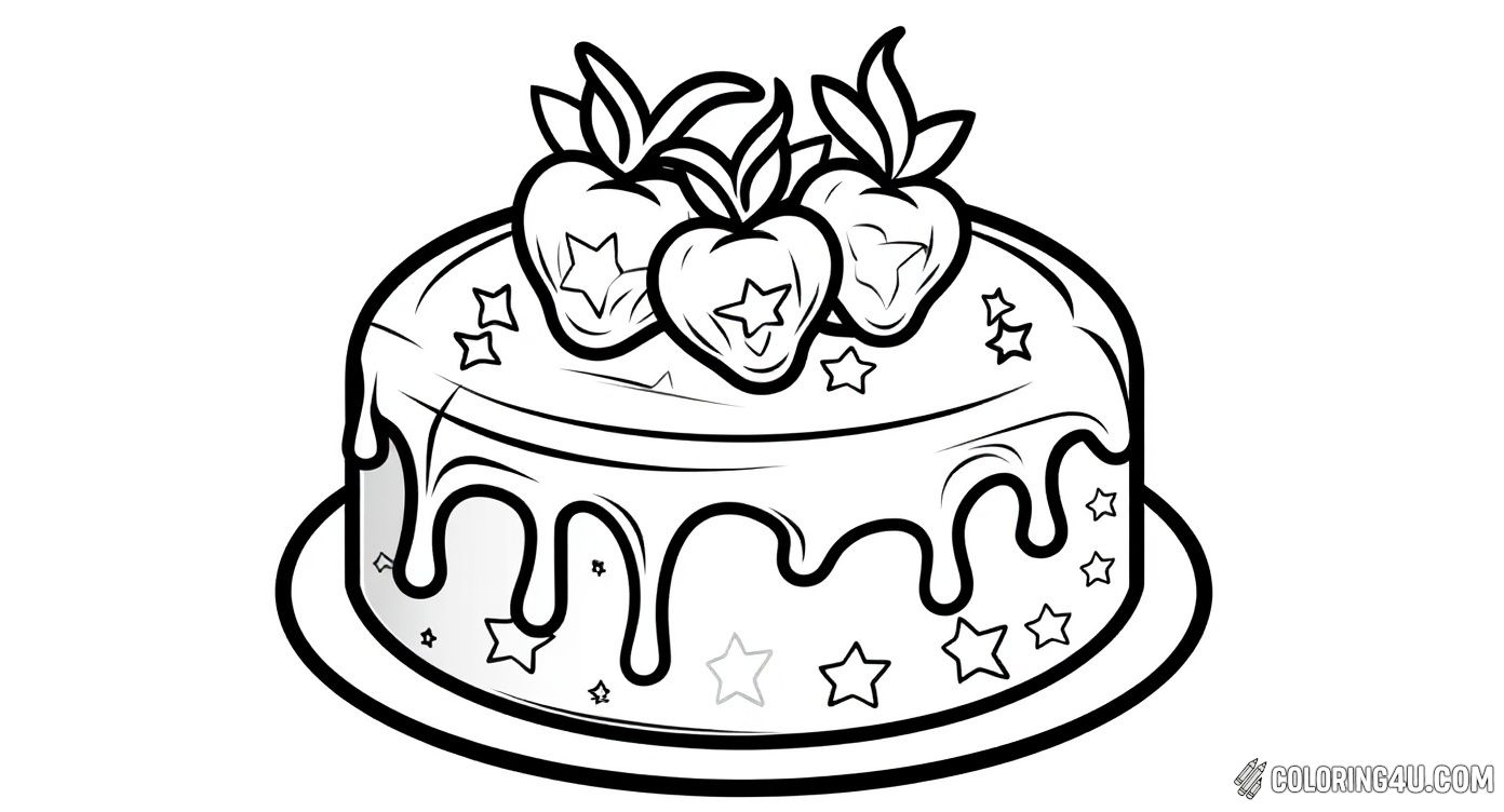Get ready to color a delightful cake with luscious strawberries on top and dripping frosting. The cake is decorated with fun star shapes, making it an exciting picture for kids to add their favorite colors and make it sparkle!