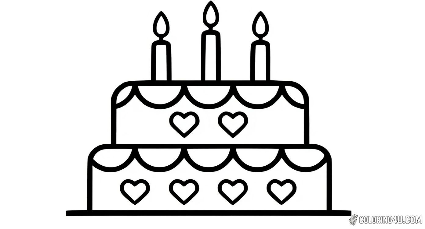 Celebrate with this lovely two-tiered birthday cake coloring page featuring pretty heart decorations and three glowing candles on top. Kids can have fun choosing colors to make this festive cake perfect for any birthday party!