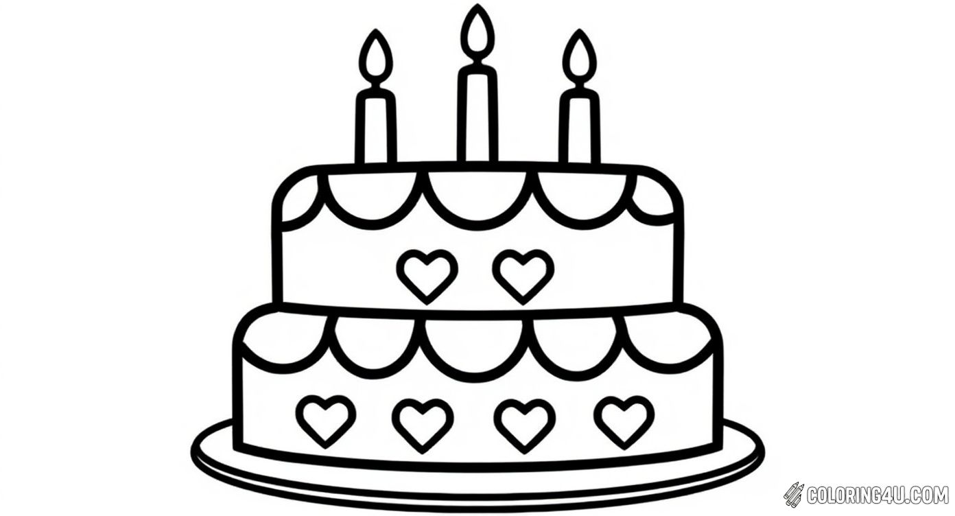 This fun, two-layer birthday cake is decorated with scalloped icing edges, cute heart shapes, and topped with three candles ready to be blown out. Kids will love adding vibrant colors to this classic party cake and imagining all the birthday wishes coming true!