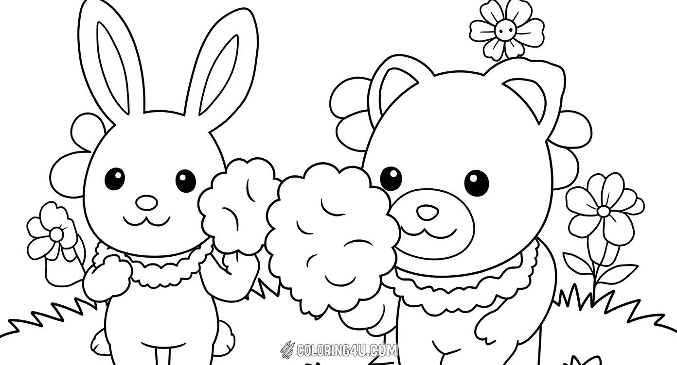 This delightful coloring page features a cheerful bunny and a friendly bear holding fluffy flowers in a sunny garden surrounded by blooming flowers and fluttering butterflies. Kids can bring these cute characters to life with their favorite colors as they enjoy a lovely day outside.