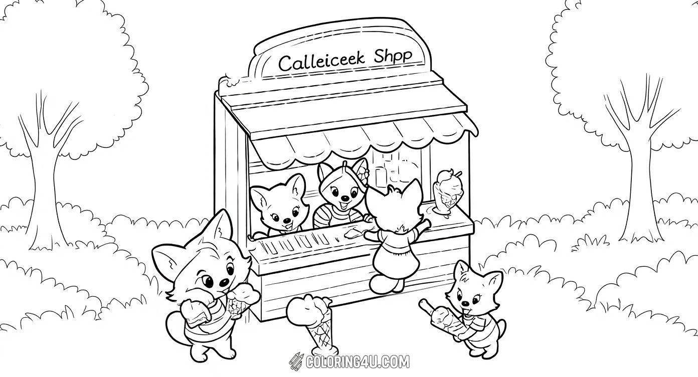 Join Freya and her friends at the Calico Critters Cool Treats stand, where everyone is enjoying tasty ice cream cones on a bright and breezy day. Kids can color this fun scene filled with adorable critters sharing delicious cold treats, perfect for a joyful summer adventure.