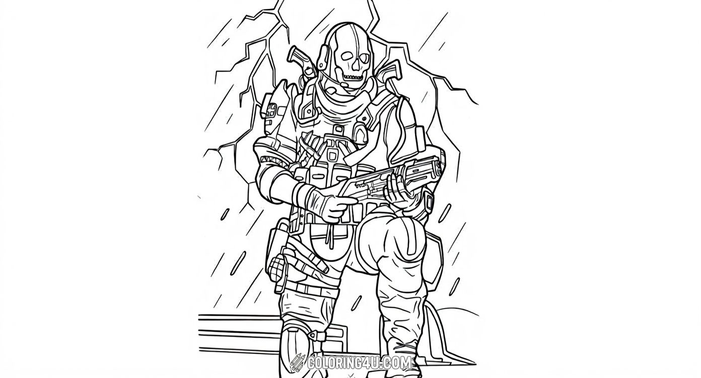 In this detailed coloring page, the iconic Call of Duty character Ghost is shown kneeling with his weapon ready, surrounded by rocky terrain and rain. Kids can have fun coloring his distinctive mask, tactical gear, and the intense atmosphere of the scene.