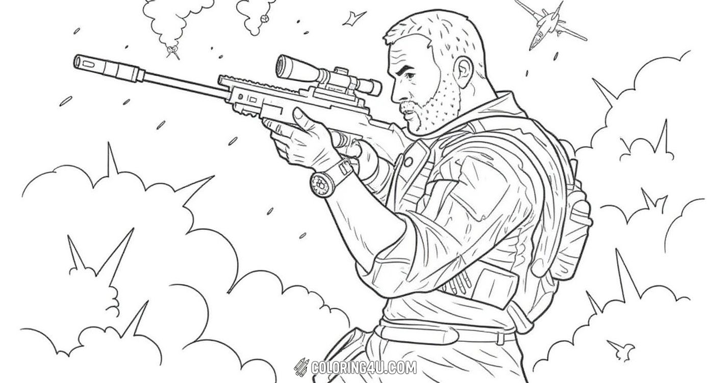 This dynamic coloring page shows a focused Call of Duty sniper aiming through his scope during an intense battle with planes flying overhead and explosions in the background. Kids will love bringing this action scene to life with bold and bright colors.
