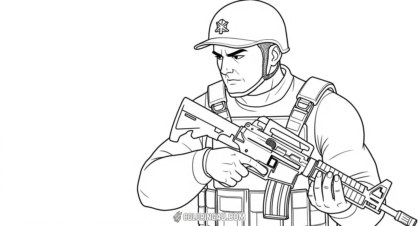 Here is a fierce soldier from Call of Duty ready for action, holding a big assault rifle. Kids will enjoy coloring his serious expression, tactical gear, and the powerful weapon, sparking their imagination for epic missions.