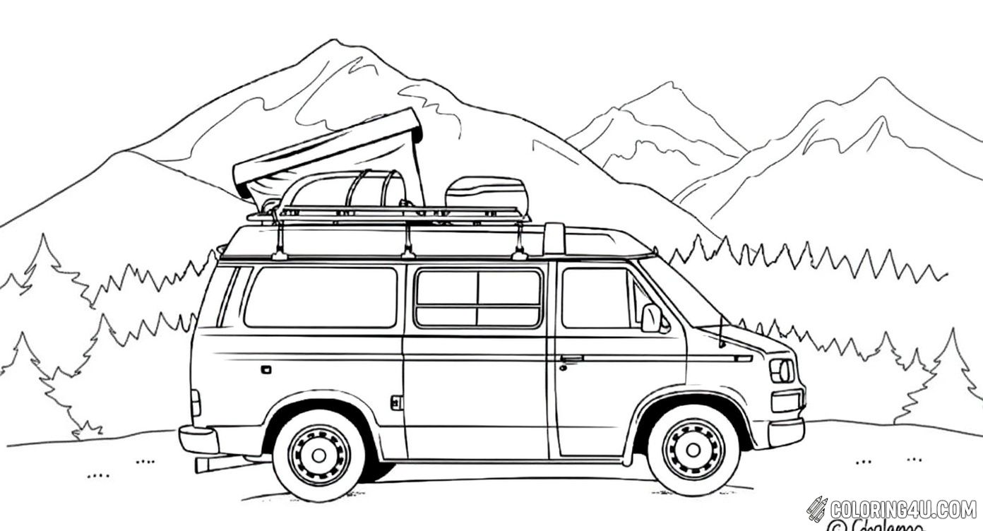 Color a whimsical camper van with a rooftop tent, ready for exploration in the great outdoors! Set against a backdrop of tall mountains and trees, this Adventure Awaits coloring page invites kids to imagine camping trips filled with fun, excitement, and nature’s beauty.