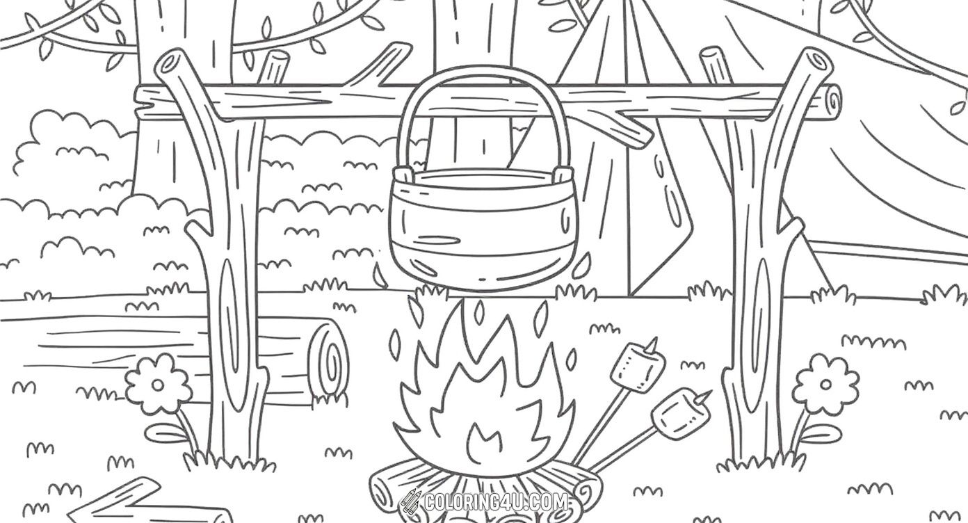 This charming camping coloring page features a campfire with a pot hanging over it, surrounded by trees and logs in the forest. Kids can enjoy coloring this peaceful campsite scene complete with a tent and marshmallows on sticks ready for roasting, sparking their imagination for outdoor cooking and forest adventures.
