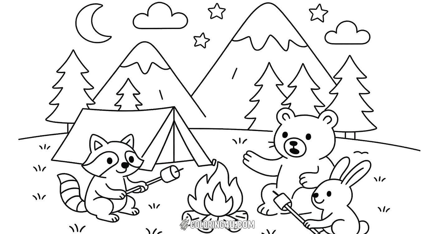 This delightful coloring page shows a raccoon, a bear, and a bunny roasting marshmallows by a campfire in a beautiful mountain landscape. Kids will have fun coloring the friendly animals, the cozy tent, and the starry night sky, imagining a fun camping adventure with new furry friends.
