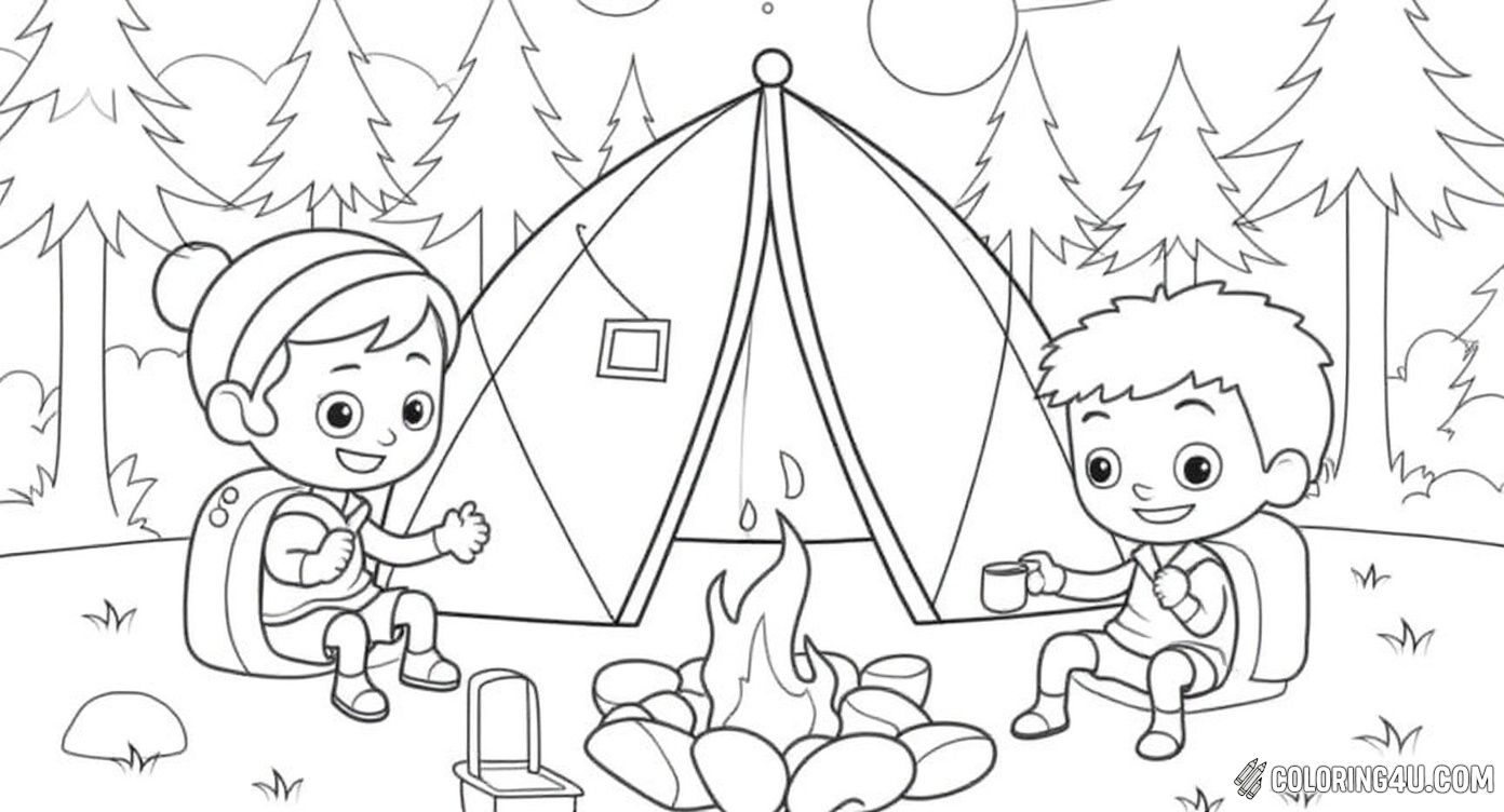 Explore the great outdoors with two kids camping in the forest by their tent and a glowing campfire. This charming coloring page provides a perfect scene for children to color and imagine a fun-filled camping night surrounded by trees and nature.
