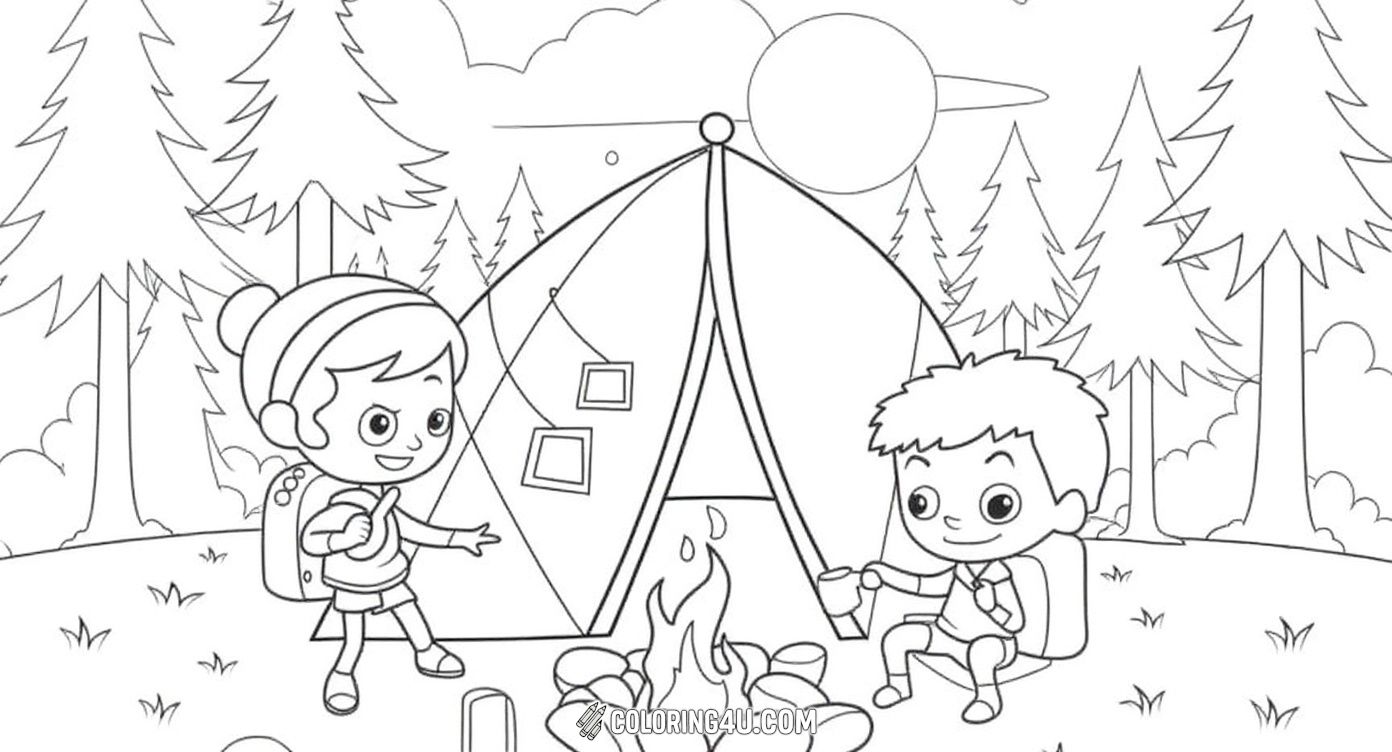 Experience the excitement of camping under a starry night sky with two happy kids enjoying time around a campfire beside their tent. This adorable coloring page invites children to bring the magical forest campsite to life with vibrant colors and joyful spirits.