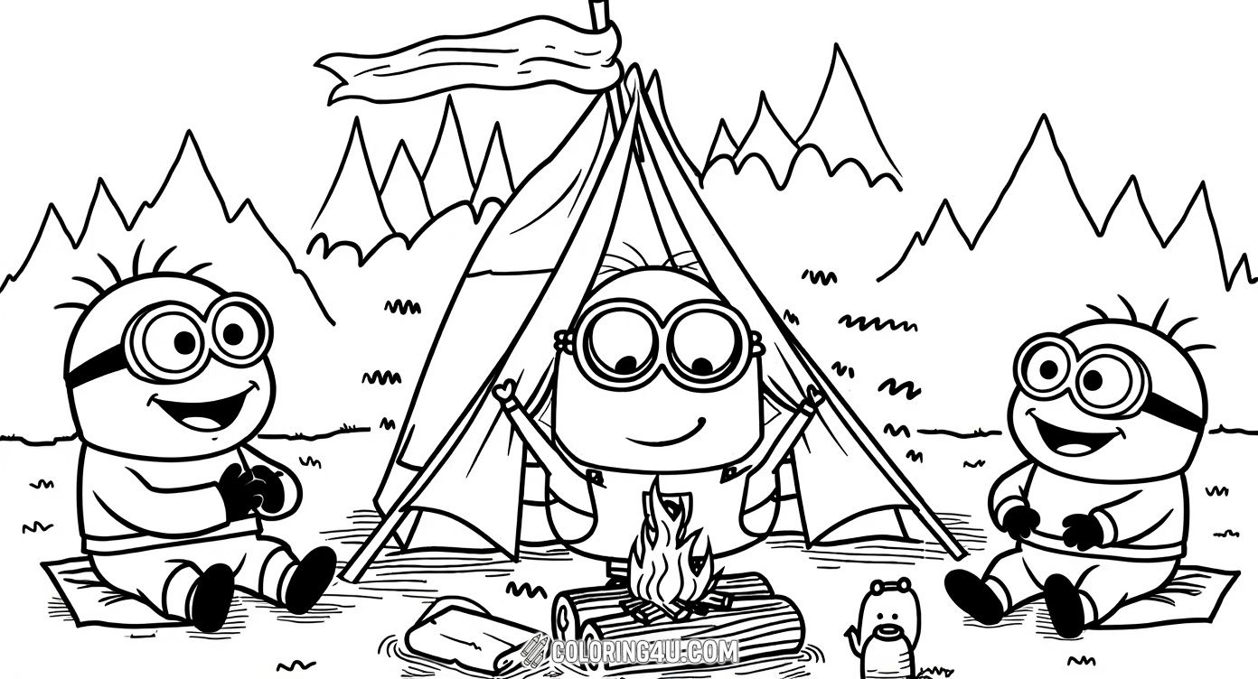 Join this cheerful Minion camping adventure as it sits happily by the campfire in front of a cozy tent, surrounded by mountains. Kids can enjoy coloring this fun and friendly camping scene featuring a beloved character, perfect for sparking imagination and outdoor fun!