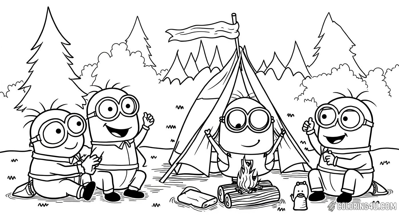 Join this playful Minion as it enjoys a cozy camping adventure by the tent with a warm bonfire. Surrounded by mountains and nature, this fun coloring page invites kids to bring the cheerful scene to life with their favorite colors.