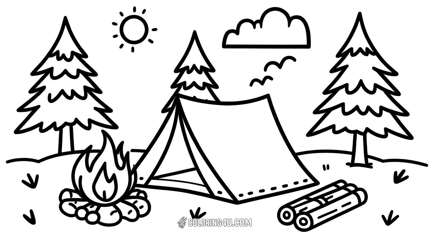 Bring this classic camping scene to life featuring a pitched tent, a warm campfire, and a peaceful forest background with trees, birds, and a shining sun. This easy-to-color page is perfect for kids who love nature and outdoor adventures.