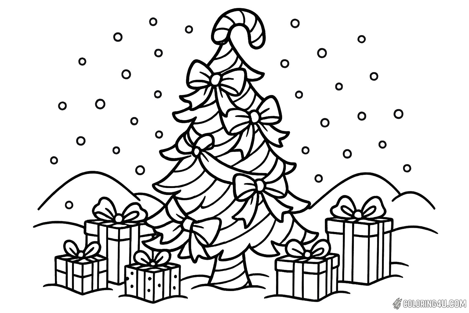 A whimsical candy cane tree stands tall, adorned with cheerful bows and surrounded by beautifully wrapped gifts. Snowflakes gently fall, creating a magical winter scene. Kids can bring this festive image to life with vibrant colors, making it a delightful addition to their holiday coloring collection. Perfect for sparking creativity and holiday cheer!