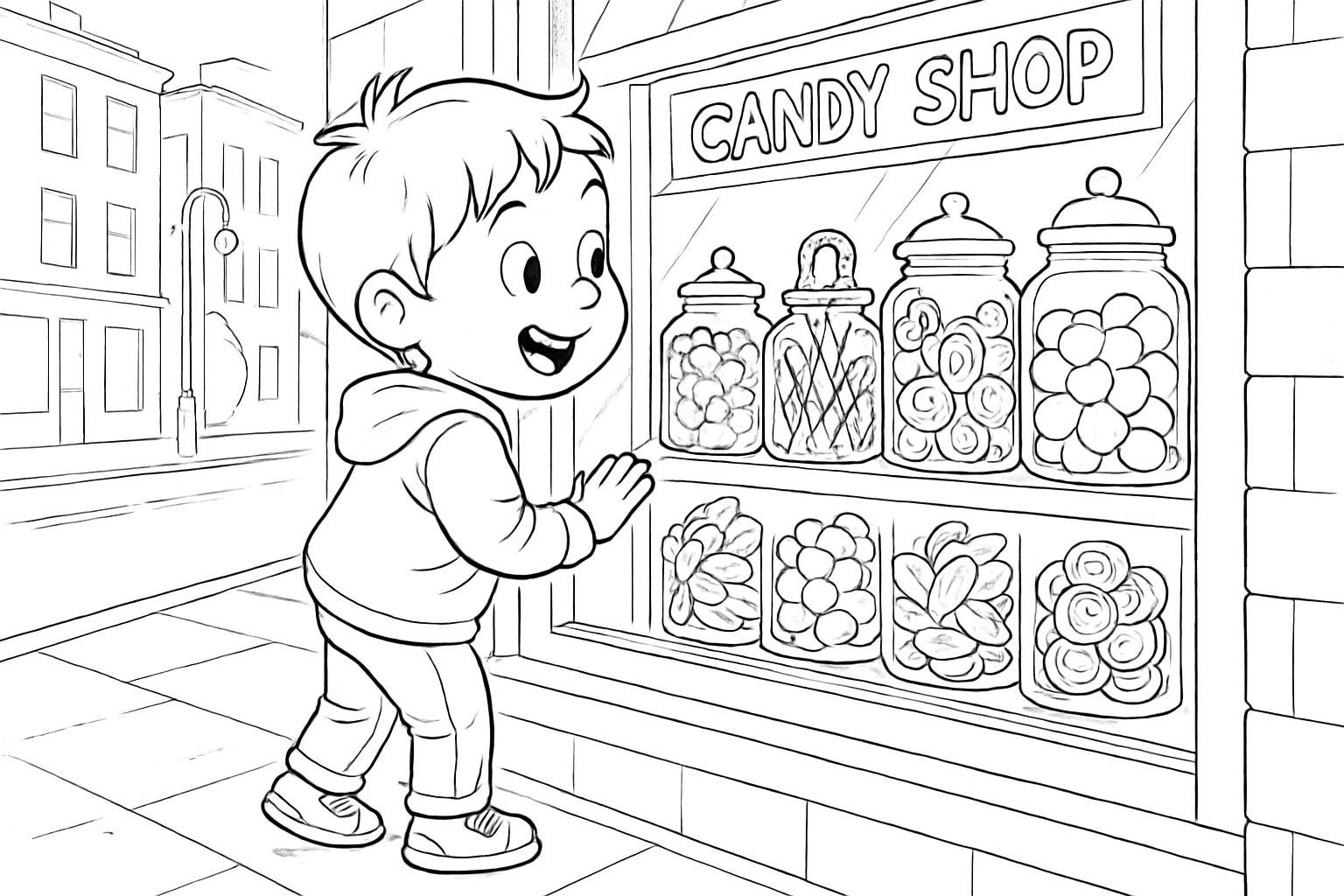 Child Admiring Candy Shop Window