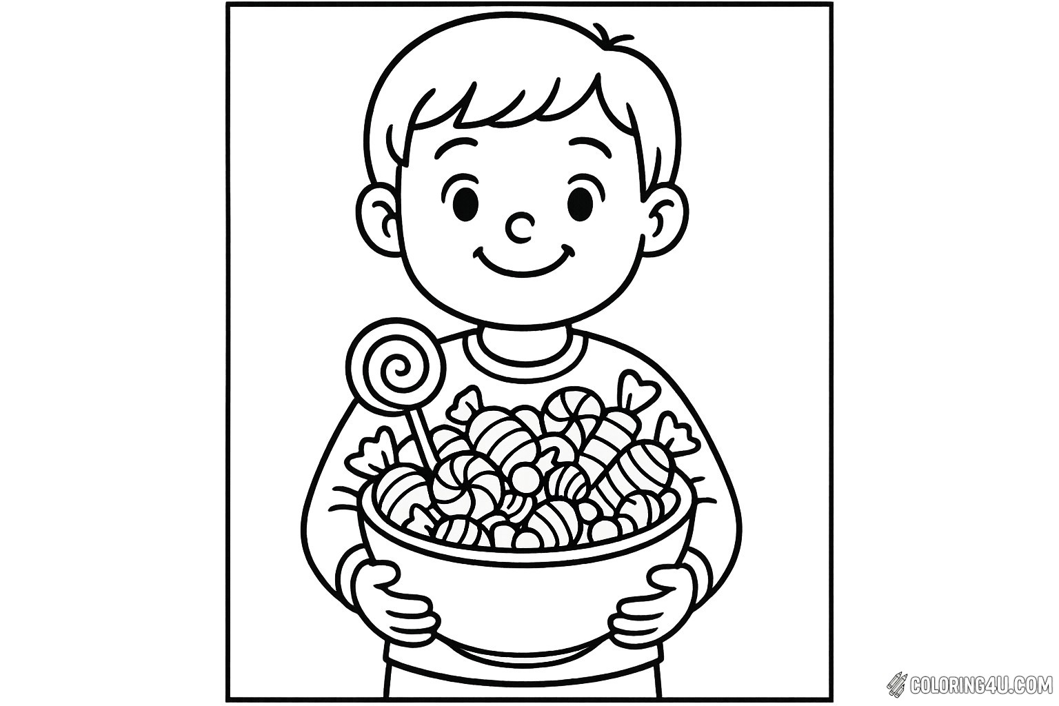 A cheerful child grins while holding a large bowl brimming with colorful mixed candies. Swirls of lollipops and various shapes of sweets peek out, inviting creativity and fun. This delightful scene is perfect for coloring, allowing kids to bring their favorite treats to life with vibrant hues. Let imaginations run wild as they fill this sweet moment with color!