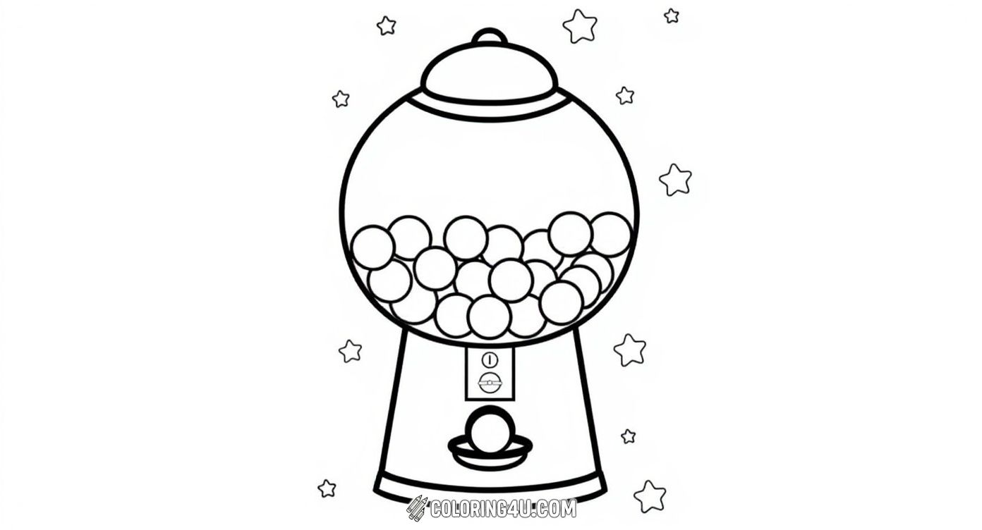 Enjoy coloring this fun and classic gumball machine filled with round gumballs, surrounded by twinkling stars. It's a perfect opportunity for kids to use bright and vibrant colors to bring this candy favorite to life!