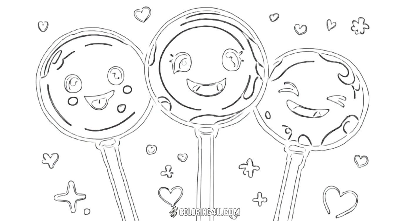 Brighten up your day with these adorable lollipop friends smiling cheerfully! This charming coloring page invites kids to have fun coloring three happy lollipops surrounded by hearts and sparkles, making it a sweet treat for creative minds.