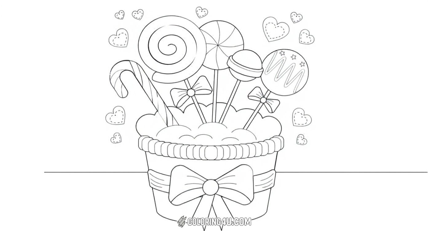 Celebrate sweetness with this charming coloring page showing a gift box overflowing with lollipops and candies tied with ribbons. Surrounded by cute heart shapes, this page encourages kids to fill the scene with bright, joyful colors and imagination.