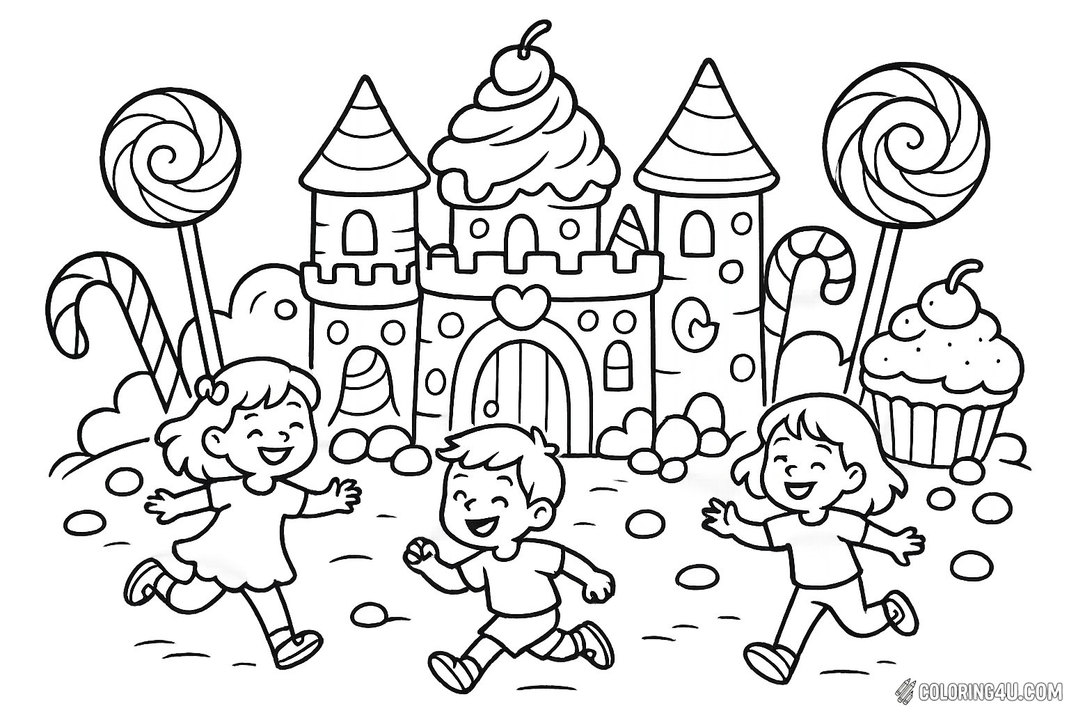 In a magical candy land, three joyful children run towards a whimsical castle topped with a giant ice cream scoop. Lollipop trees and colorful candy canes surround them, while a giant cupcake sits nearby, inviting creativity. This delightful scene is perfect for coloring fun, sparking imagination and sweet adventures in every stroke.